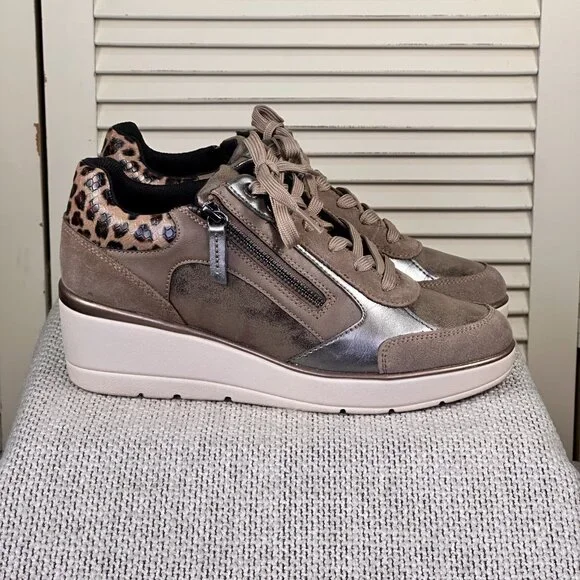 Geox Respira Ilde Dark Taupe Leopard Heeled Wedge Sneakers Italian Womens Size 9 - Picture 2 of 8